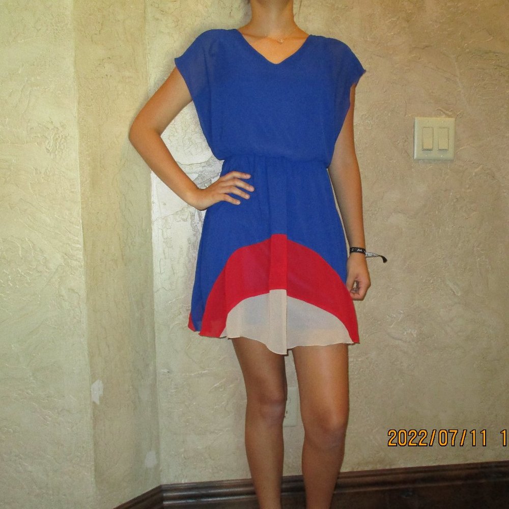 Dark blue dress with red and brown bottom